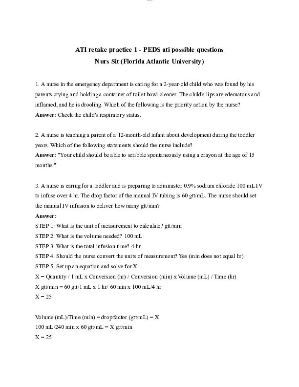 Ati Pediatric Retake Practice Exam With Answers Solved Questions