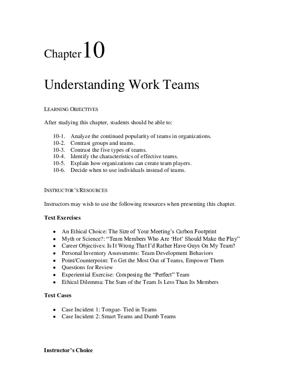 CH-10 Understanding Work Teams - Organizational Behavior : Chapter ...